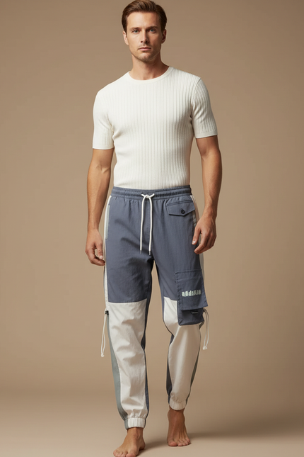 Pantalon Cargo Bicolore Gris Blanc Streetwear Jogger - Multicolore Polyester