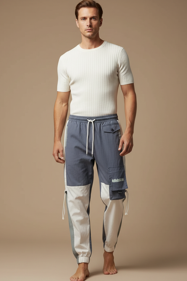 Pantalon Cargo Bicolore Gris Blanc Streetwear Jogger - Multicolore Polyester