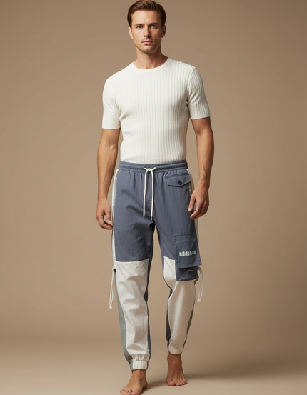 Pantalon Cargo Bicolore Gris Blanc Streetwear Jogger - Multicolore Polyester