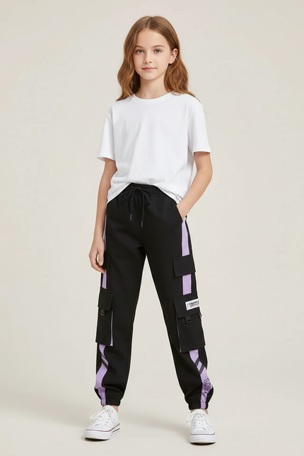 Pantalon Cargo Noir Violet Fille Streetwear Ample - Multicolore Polyester