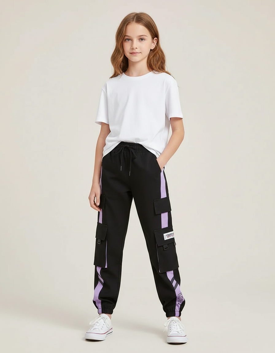 Pantalon Cargo Noir Violet Fille Streetwear Ample - Multicolore Polyester