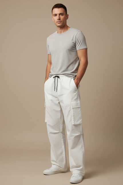 Pantalon Cargo Blanc Ample Coton Casual Décontracté - Toile
