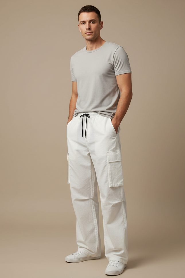 Pantalon Cargo Blanc Ample Coton Casual Décontracté - Toile