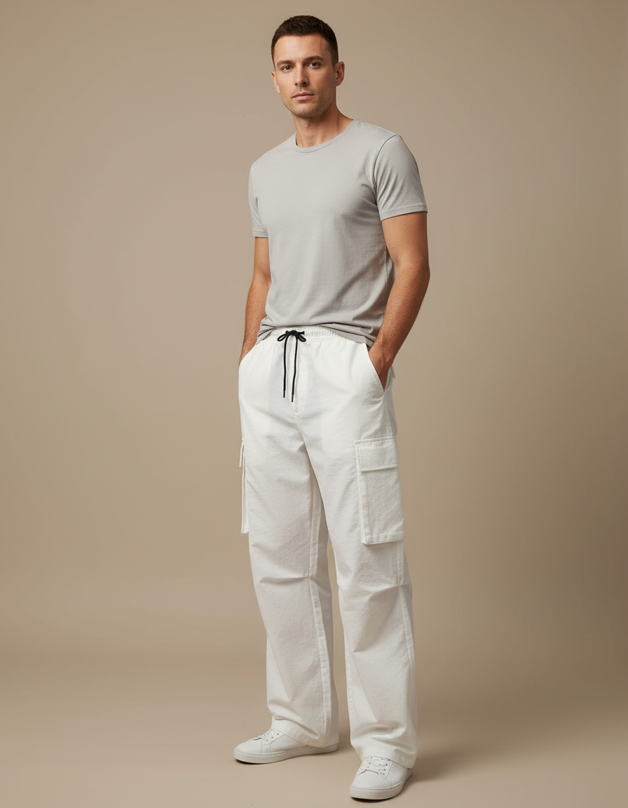 Pantalon Cargo Blanc Ample Coton Casual Décontracté - Toile