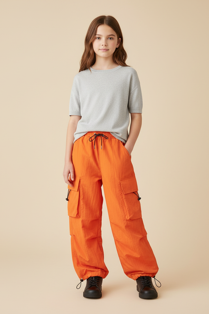 Pantalon Cargo Orange Ample Poches Enfant - Polyester