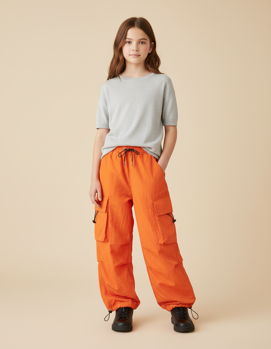 Pantalon Cargo Orange Ample Poches Enfant - Polyester