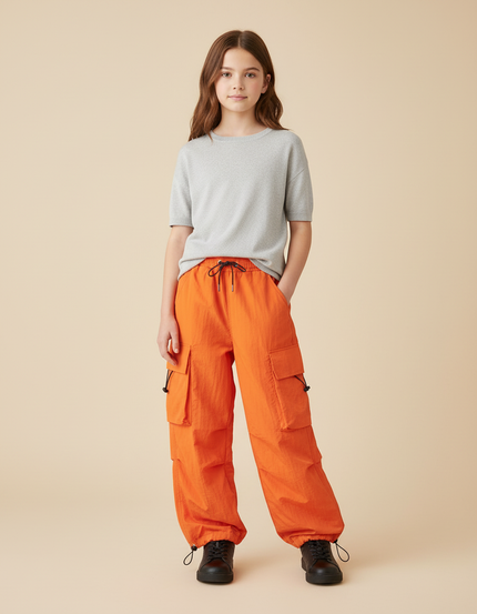 Pantalon Cargo Orange Ample Poches Enfant - Polyester