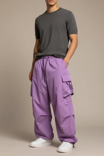 Pantalon Cargo Violet Ample Fluide Streetwear Homme - Polyester