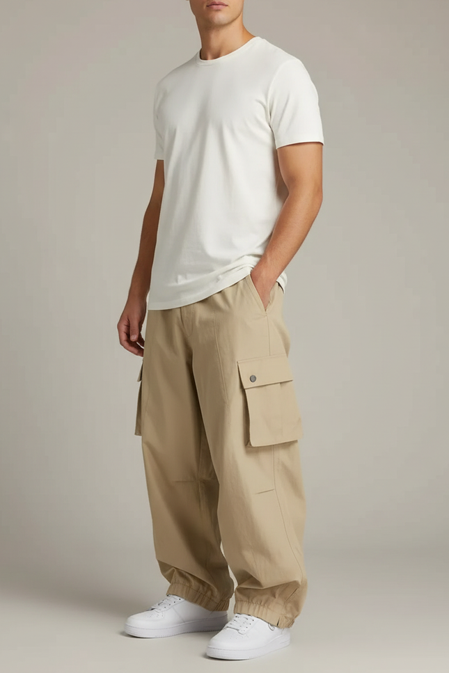 Pantalon Cargo Beige Ample Multi-Poches Homme - Gabardine