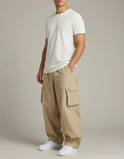 Pantalon Cargo Beige Ample Multi-Poches Homme - Gabardine