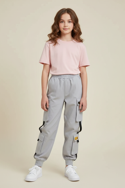 Pantalon Cargo Gris Streetwear Fille Multipoches Décontracté - Polyester