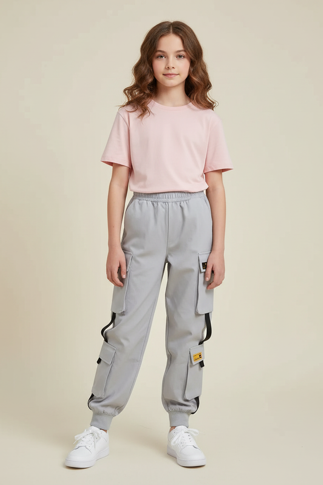 Pantalon Cargo Gris Streetwear Fille Multipoches Décontracté - Polyester