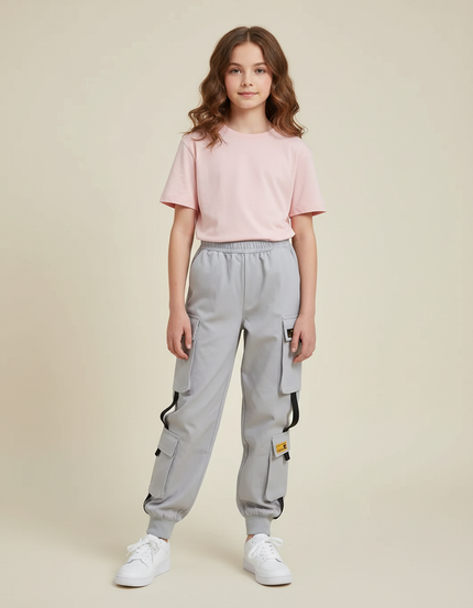 Pantalon Cargo Gris Streetwear Fille Multipoches Décontracté - Polyester
