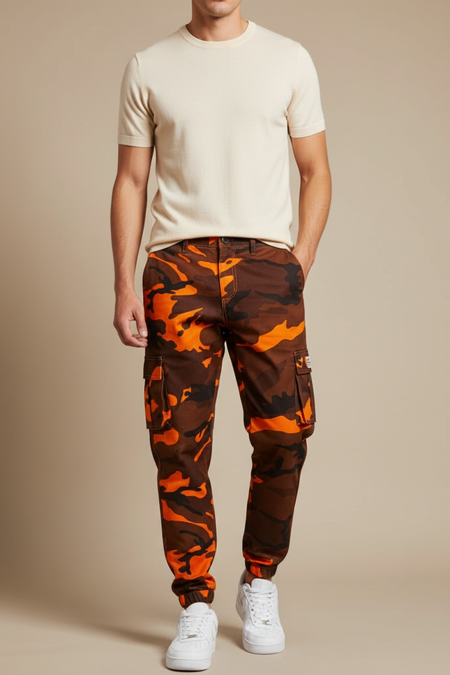 Pantalon Cargo Camouflage Orange Marron Streetwear Homme - Multicolore Toile