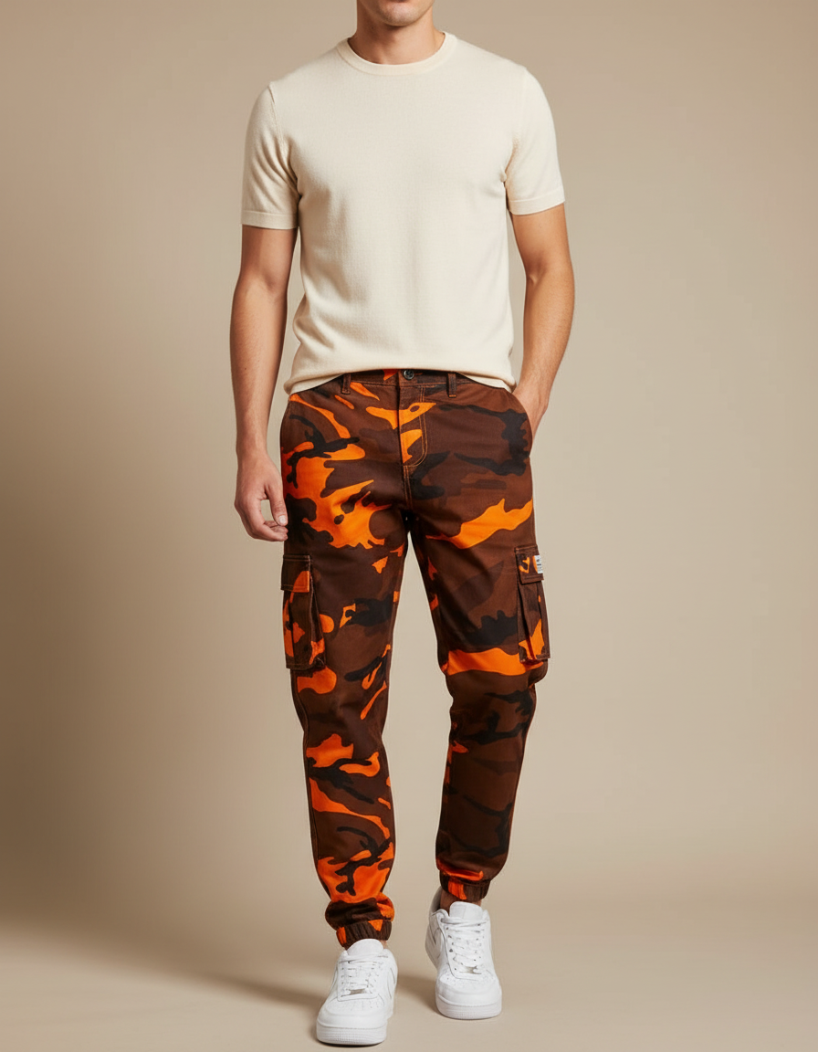Pantalon Cargo Camouflage Orange Marron Streetwear Homme - Multicolore Toile