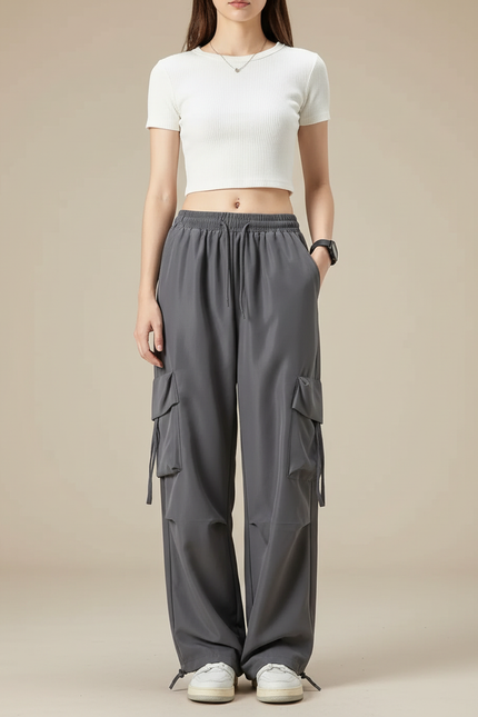 Pantalon Cargo Gris Ample Décontracté Multipoches Femme - Polyester