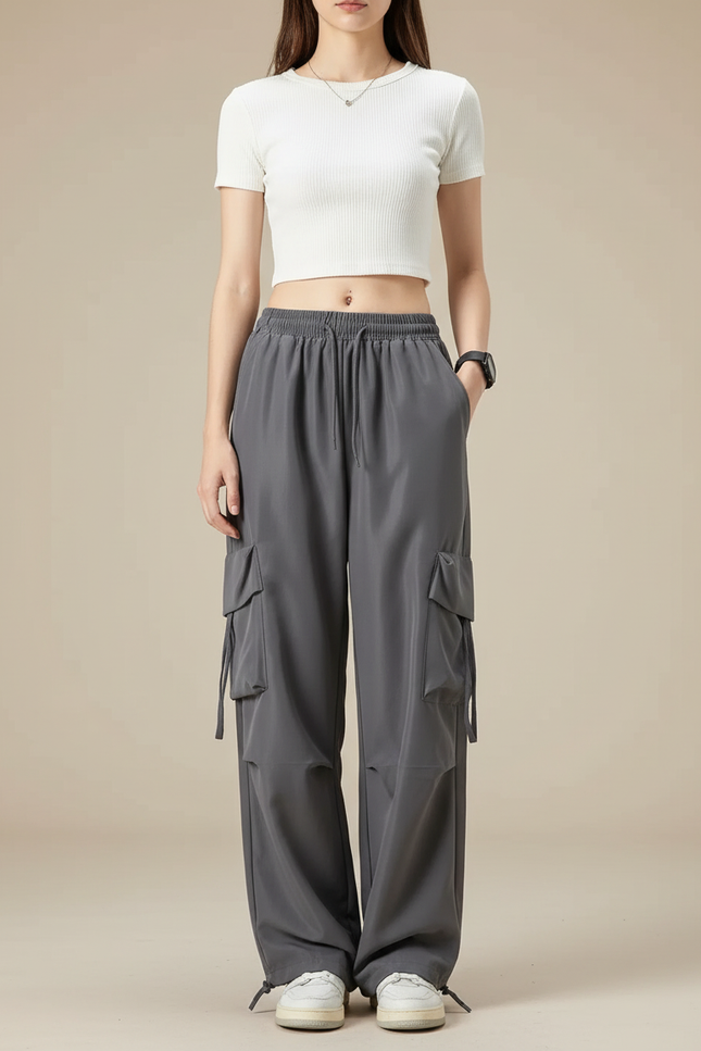 Pantalon Cargo Gris Ample Décontracté Multipoches Femme - Polyester
