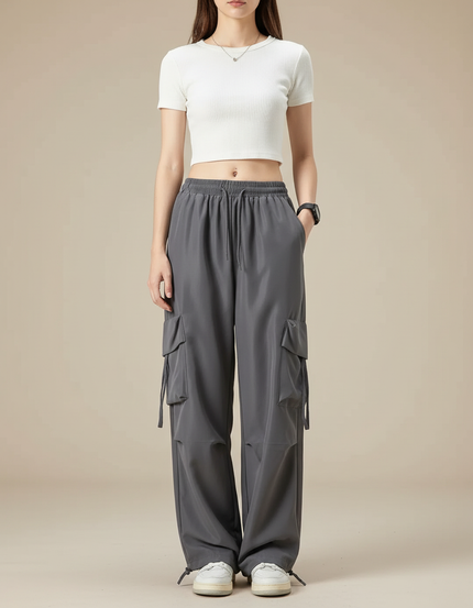 Pantalon Cargo Gris Ample Décontracté Multipoches Femme - Polyester