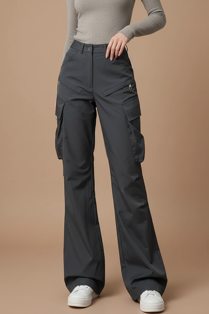 Pantalon Cargo Gris Ample Poches Zippées Femme - Polyester