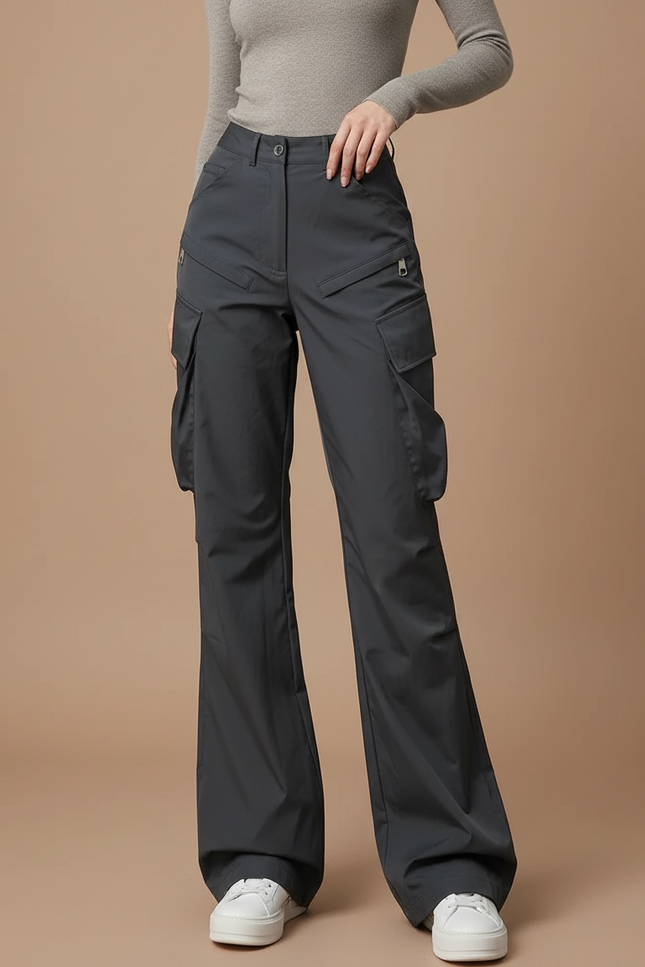 Pantalon Cargo Gris Ample Poches Zippées Femme - Polyester