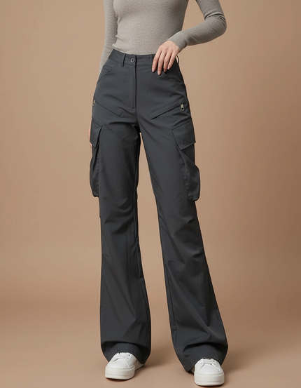 Pantalon Cargo Gris Ample Poches Zippées Femme - Polyester