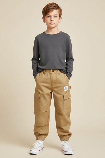 Pantalon Cargo Beige Enfant Coton Multipoches Décontracté - Toile