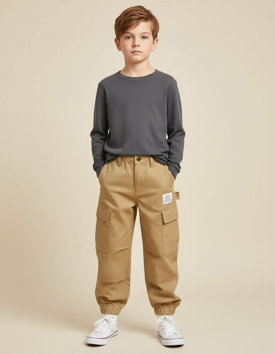 Pantalon Cargo Beige Enfant Coton Multipoches Décontracté - Toile
