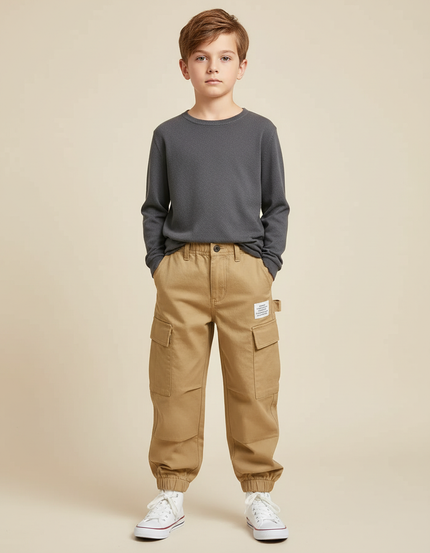 Pantalon Cargo Beige Enfant Coton Multipoches Décontracté - Toile