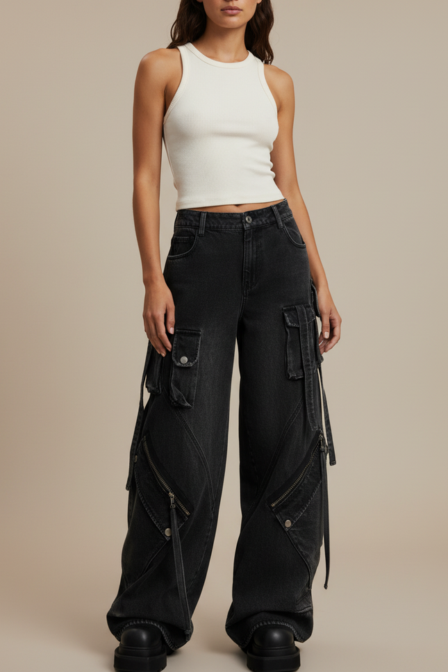 Pantalon Cargo Noir Délavé Ample Multipoches Zippées Femme - Jean
