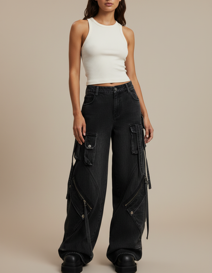 Pantalon Cargo Noir Délavé Ample Multipoches Zippées Femme - Jean