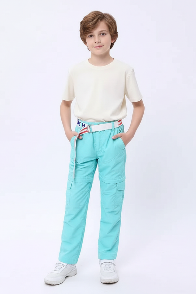 Pantalon Cargo Enfant Convertible Léger Turquoise Multipoches - Bleu Polyester