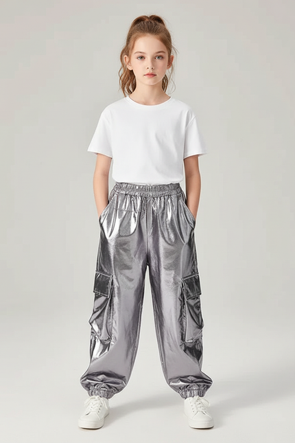 Pantalon Cargo Argenté Brillant Ample Poches Fille - Polyester