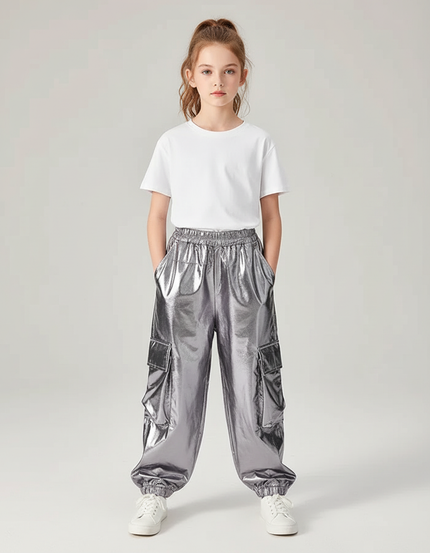 Pantalon Cargo Argenté Brillant Ample Poches Fille - Polyester