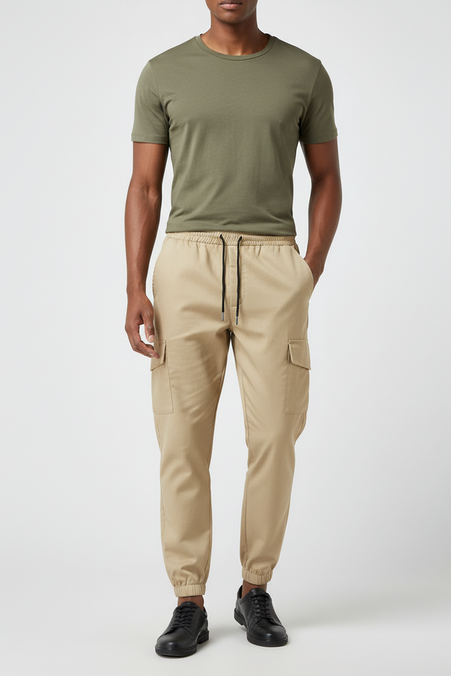 Pantalon Cargo Beige Cordon Multipoches Homme - Gabardine