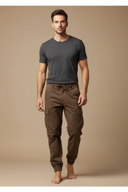 Pantalon Cargo Marron Coton Multipoches Décontracté Homme