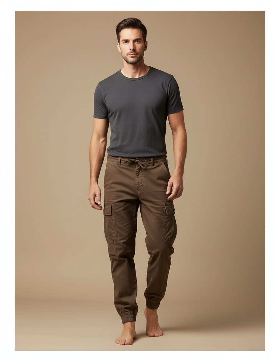 Pantalon Cargo Marron Coton Multipoches Décontracté Homme