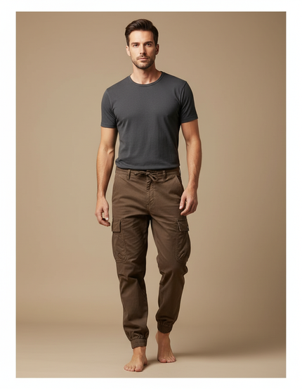 Pantalon Cargo Marron Coton Multipoches Décontracté Homme