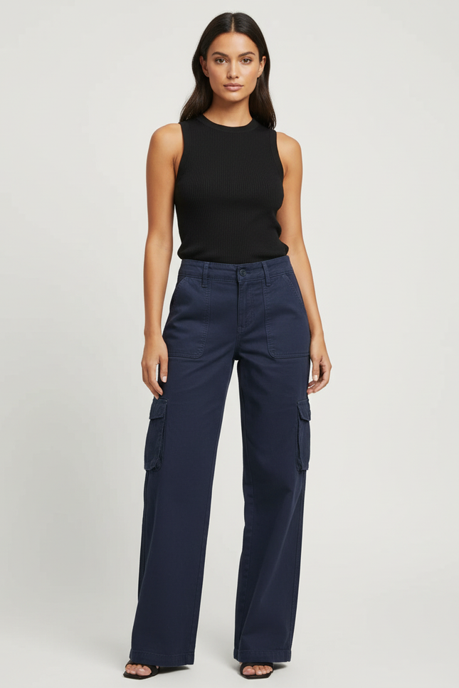 Pantalon Cargo Bleu Marine Ample Coton Femme - Toile