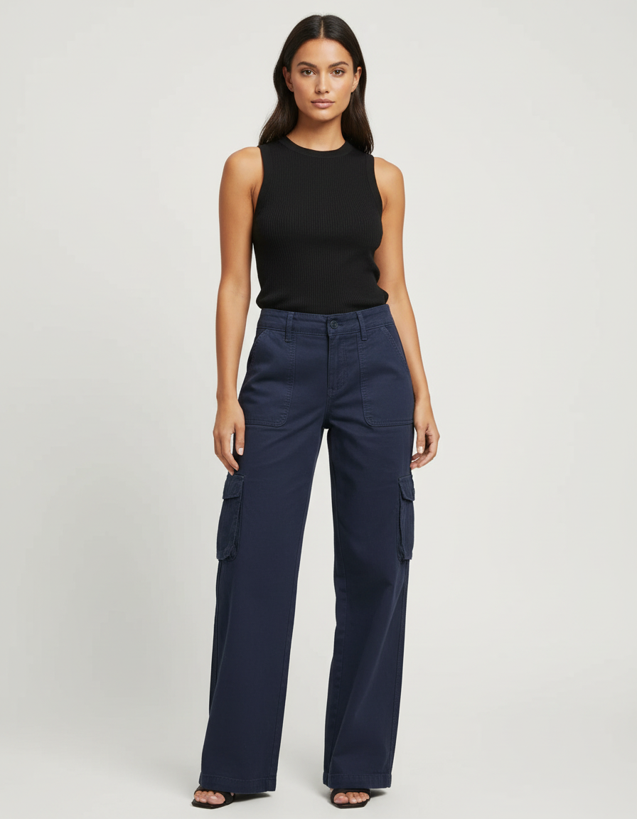 Pantalon Cargo Bleu Marine Ample Coton Femme - Toile