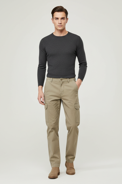 Pantalon Cargo Beige Coton Coupe Droite Casual