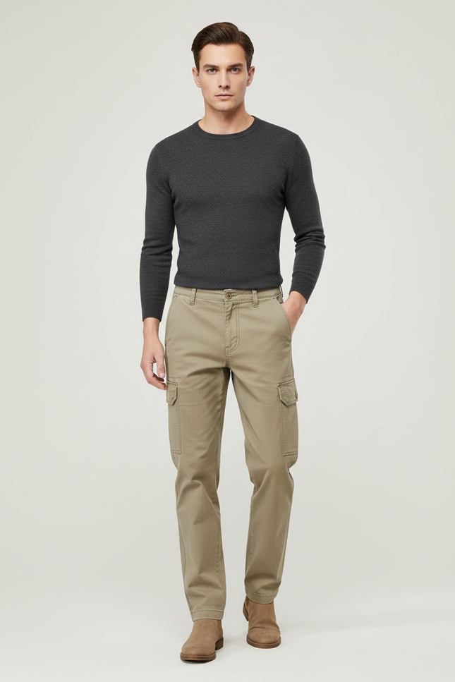 Pantalon Cargo Beige Coton Coupe Droite Casual