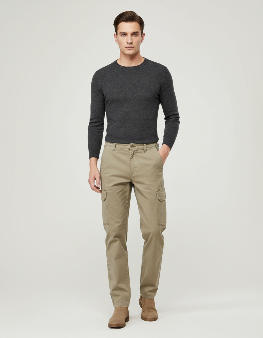 Pantalon Cargo Beige Coton Coupe Droite Casual