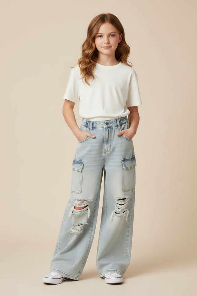 Pantalon Cargo Ample Jean Délavé Dégrippé Fille - Bleu