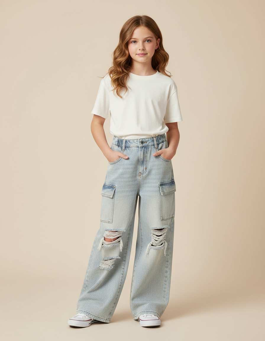 Pantalon Cargo Ample Jean Délavé Dégrippé Fille - Bleu