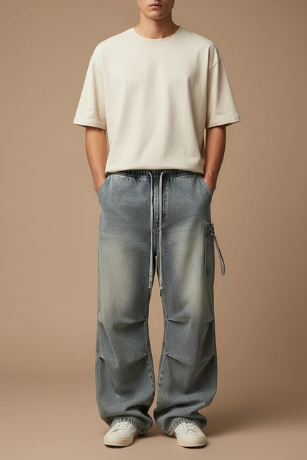 Pantalon Cargo Denim Ample Plissé Délavé Homme - Bleu Jean