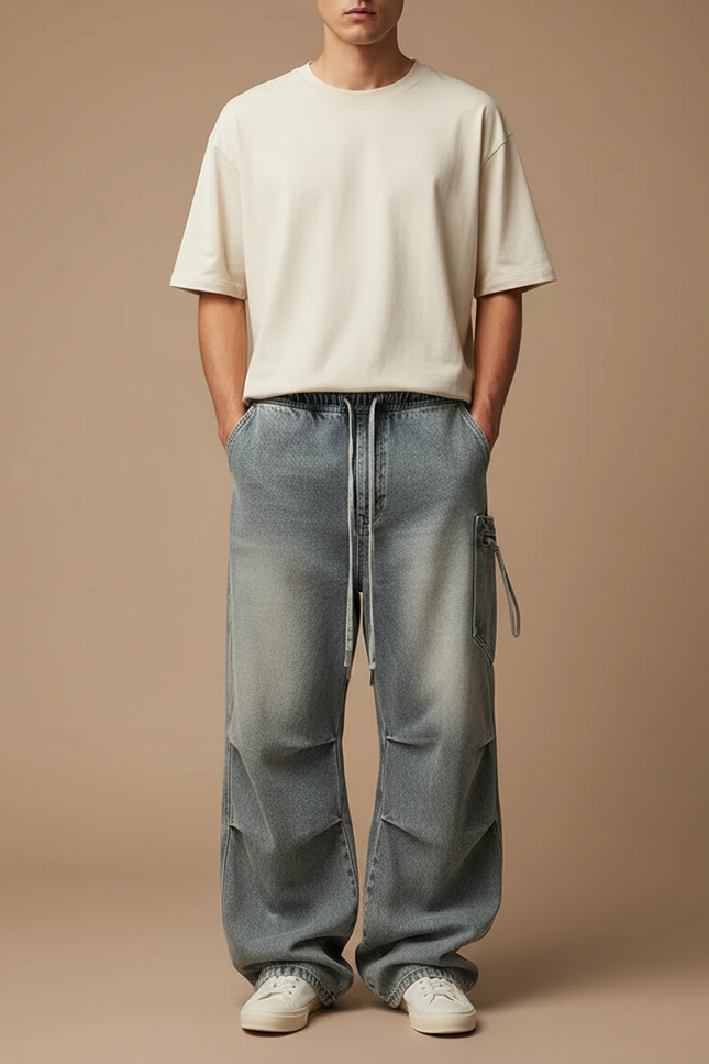 Pantalon Cargo Denim Ample Plissé Délavé Homme - Bleu Jean