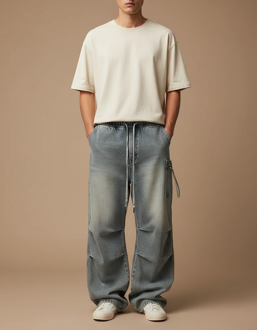 Pantalon Cargo Denim Ample Plissé Délavé Homme - Bleu Jean