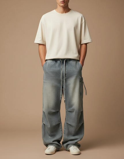 Pantalon Cargo Denim Ample Plissé Délavé Homme - Bleu Jean