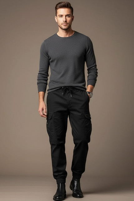 Pantalon Cargo Noir Homme Multipoches Coton Jogger