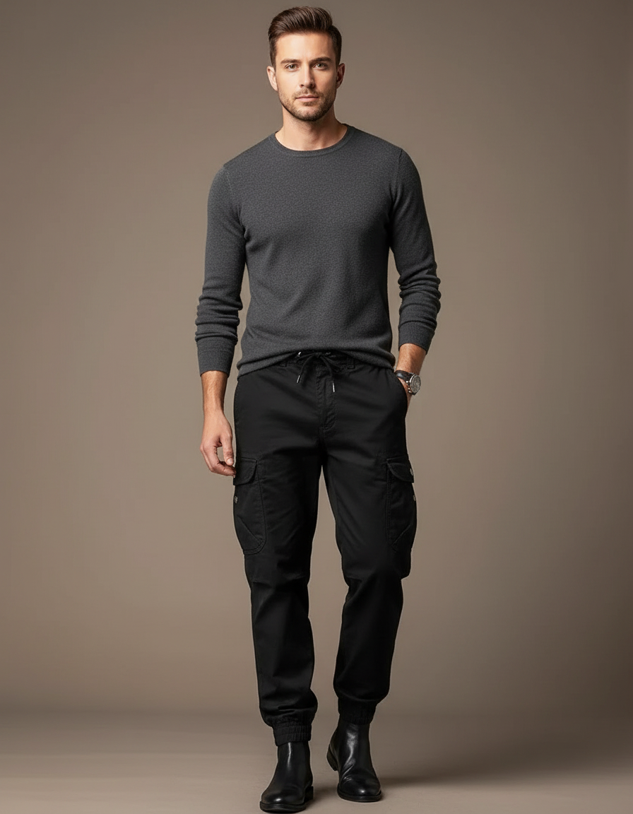 Pantalon Cargo Noir Homme Multipoches Coton Jogger